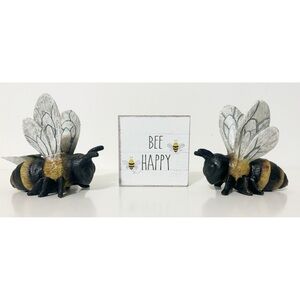 3 Piece Bumble Bee Decor, Wooden "Bee Happy" Sign, 2 Resin Bumble Bees, NEW